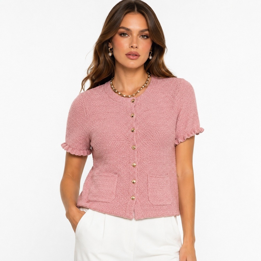 CeCe Womens Pink Short Sleeve Sweater Jacket Gold Buttons Size S NWT